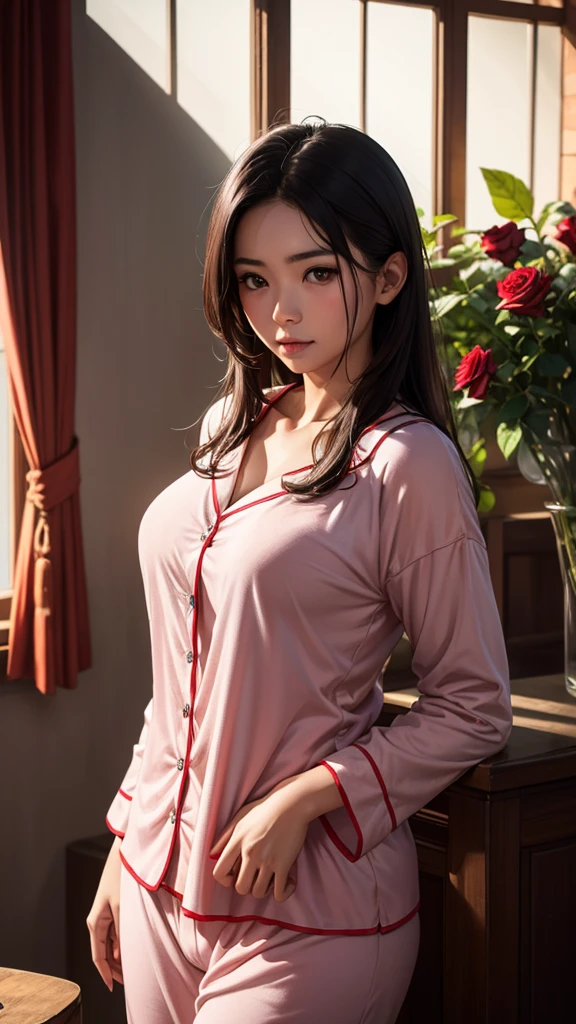 A beautiful black-haired woman sitting on a bed in cute pajamas