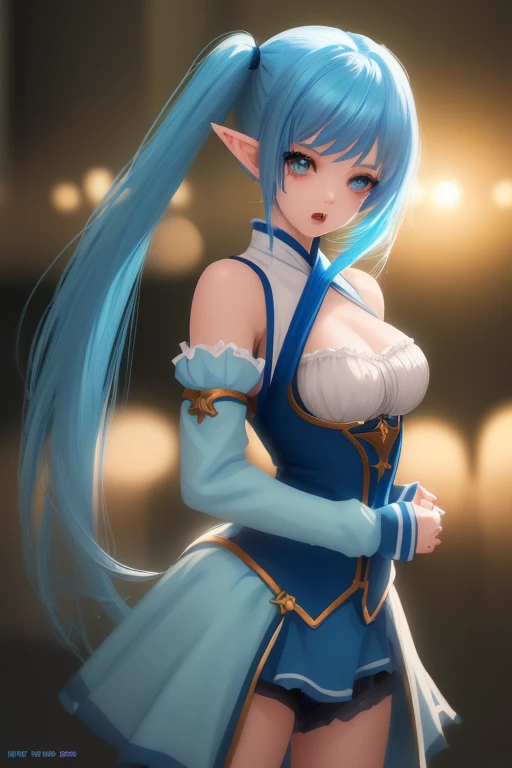 High quality, extremely detailed, best quality, perfect face, gothic stone hallway, <lora:hyrulewarriors_cia-10:.9>, <lora:ARWBedroomGothic:.7> <lora:LanaHyruleWarriors:.7>, (Lana), black latex asymmetrical clothes, open center, (blue ponytail), happy smile, ((blushing, cheerful laughing)), large breasts, feathers in collar