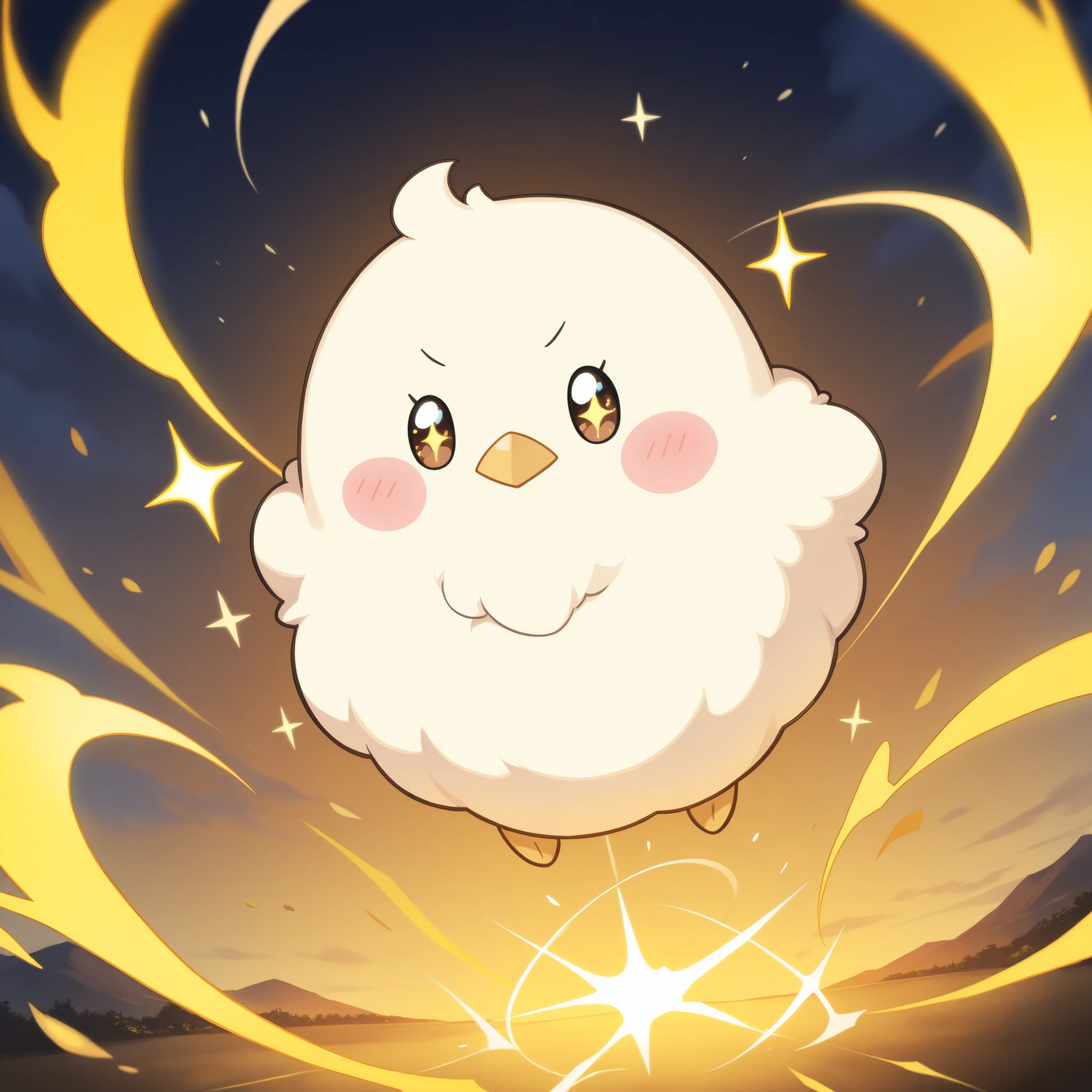 Masterpiece,Best quality, ultra detailed,Japanese Anime style, (pure golden sparrow mascot) , golden body,round body, fluffy body,simple face, cute appearance, ((His body was sparkling, his body was surrounded by a golden aura)), outdoor 