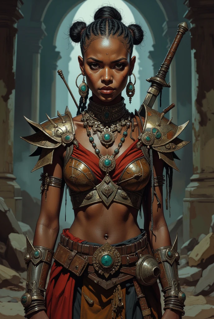 a black female australian aboriginal elf with white body paint, Dungeons and Dragons, highly detailed cinematic fantasy illustration, black outlining, full color illustration, in the style of BORIS VALLEJO & JULIE BELL, masterpiece, 8k, ultra-detailed, physically-based rendering, vivid colors, dramatic lighting, intricate background, photorealistic