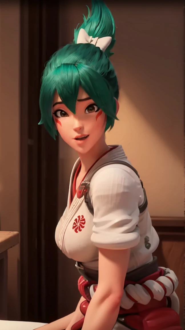 realistic, realism, photorealism, photo-realistic, high contrast, (photorealistic:1.4), 8k high definition detailed realistic, (best quality, masterpiece:1.2), NSFW, photon mapping, radiosity, physically-based rendering, best quality, highly detailed, 1girl, owkiriko, green hair:0.6, looks at the viewer, red dress, ((glowing eyes)),