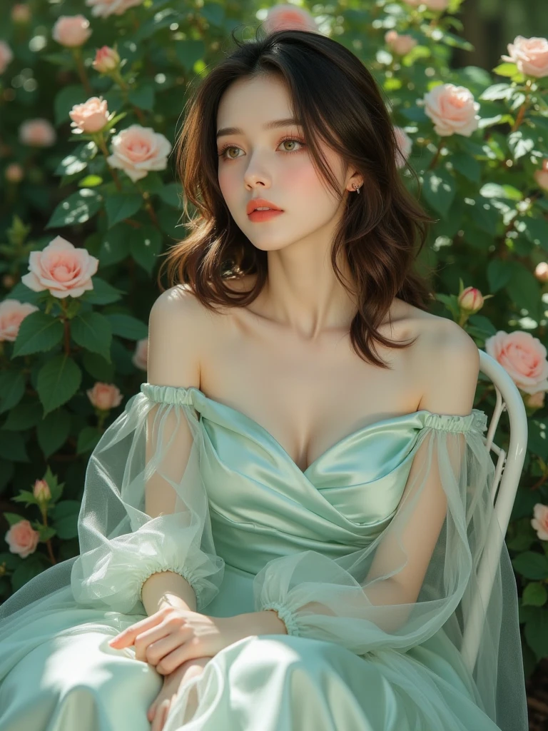green dress,green sleeves(Quality Improvement:1.4),1 Girl, Full breasts,Visible cleavage,Sexy long legs,The skirt is very short,She gently lifted her skirt with one hand,Surrounded by white Phalaenopsis orchids,Lilac dendrobium、White Lily, Flying petals,(Top quality leather), Delicate face,Black Hair, Gradient hair, Body,(Body1.1), He has a precious gem on his forehead.., outstanding student,Long eyelashes,Smile, Surrealism, Movie Lighting, Projection Insert, Surrealism, Ultra HD, masterpiece,lie,Keep dreaming,Open your legs slightly.,Tattoo,Fantasy Space,Luxurious space,Exquisite makeup,blush,Shy expression
