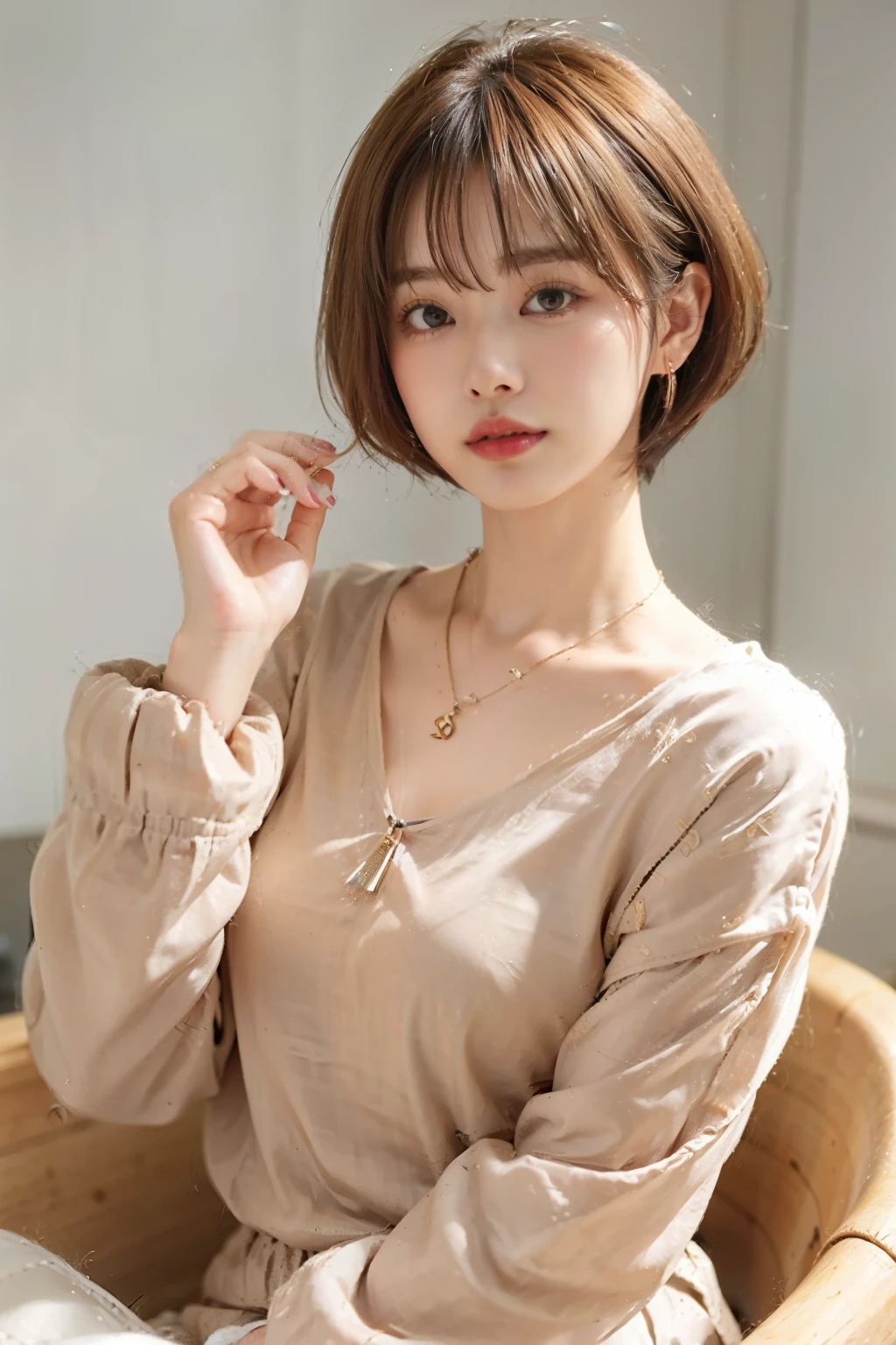 ((top-quality、8k、masuter piece:1.3))、1 female、Beautiful girl who emphasizes her slender dress:1.3、(Hairstyle short、爆乳:1.2)、Plain clothe:1.2、inside the house、hyperdetailed face、A detailed eye、Double eyelids