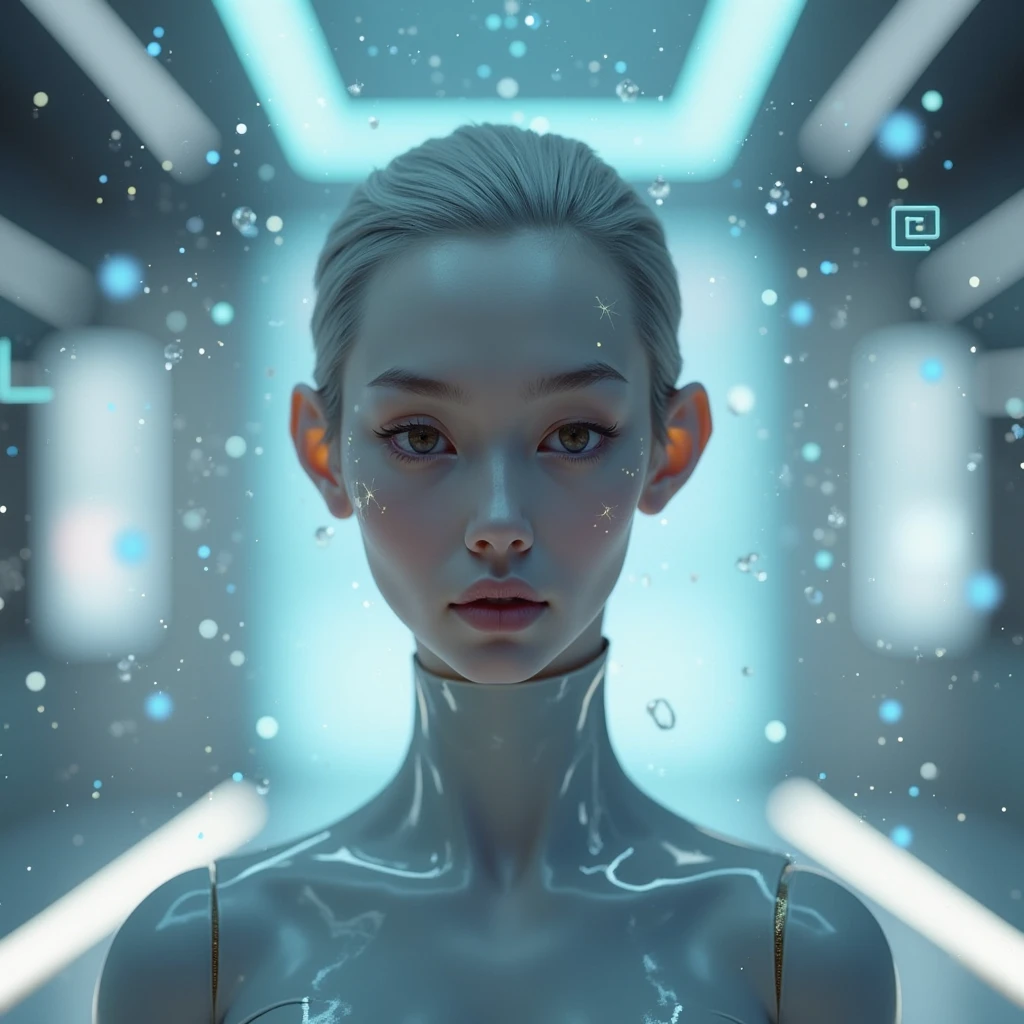 water as part of human body, front facing, full body, front side, subsurface scattering, transparent, translucent skin, glow, bloom, Bioluminescent liquid,3d style,cyborg style,Movie Still,Leonardo Style, warm color, vibrant
