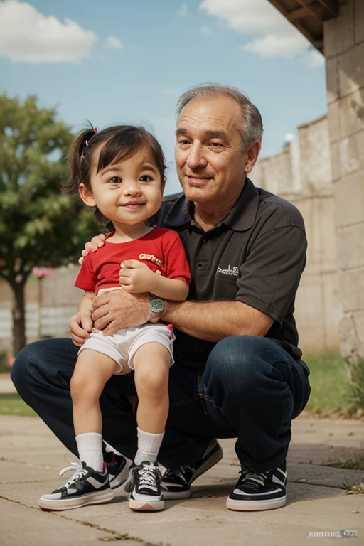 65-year-old father smiling hand in hand with wearing red allstar in park, 8k
