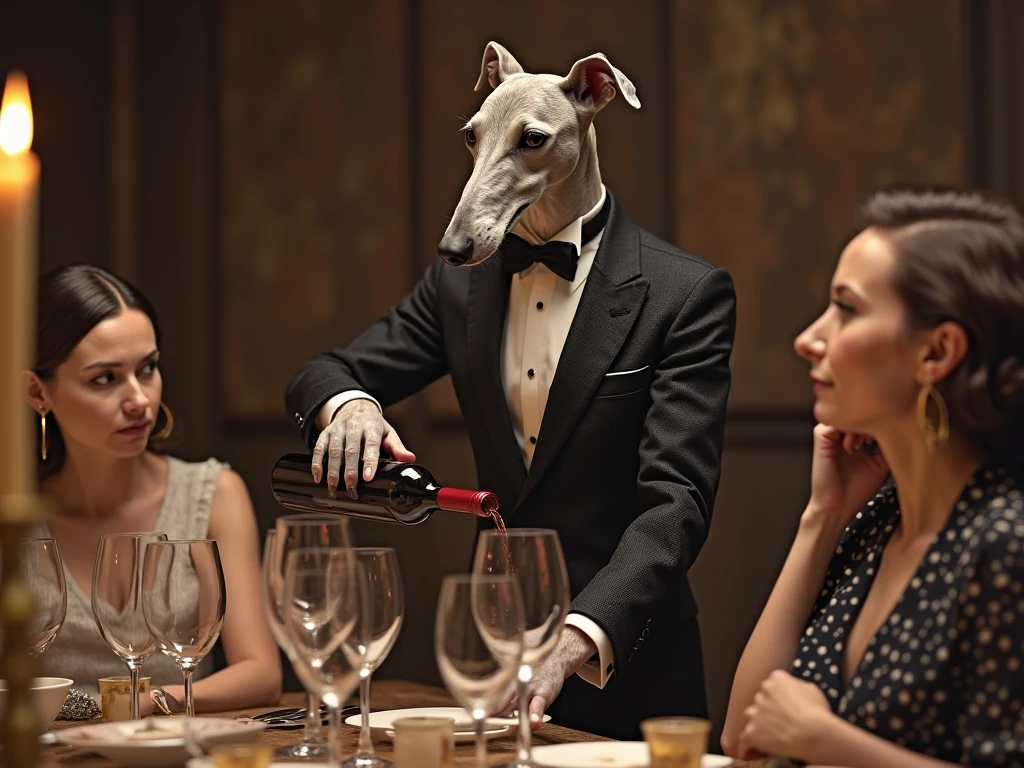 Wolf dressed in a suit with a naked pole dancer with huge breasts, big round buttocks, long legs in table dance with low light, nudist bar, alcoholic beverages, cigars, cigarettes