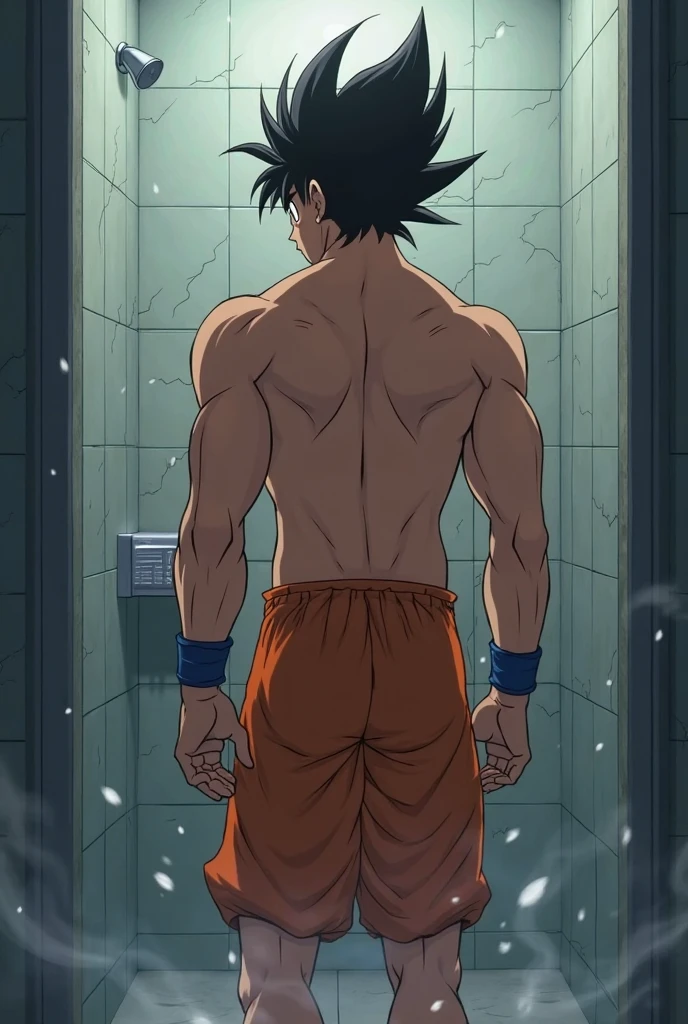 son goku, 1boy, closed mouth, male focus, muscular, muscular male, rock, sash, serious, solo, spiked hair, topless male, torn clothes, ultra instinct, black eyes, black hair, ((masterpiece))
