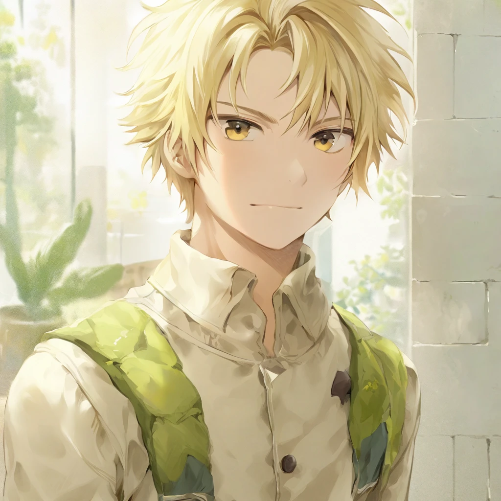 masterpiece, best quality, high quality, 1boy, solo, male focus, looking at viewer, upper body, <lora:shuuya_kano:0.74>, shuuya_kano, blonde hair, yellow eyes, tank top