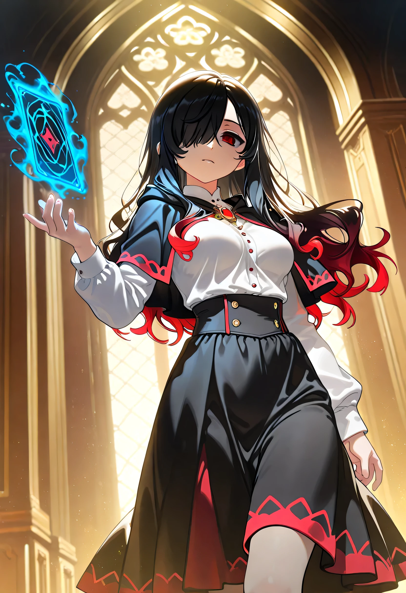1girl, Kuroki Monika, red eyes, gradient hair, black hair, red hair, long hair, asymmetrical hairline, hair over right eye, medium breasts, black skirt, white shirt,black wizard sacarf,magic card,blue magic effect,fancy golden palace
cinematic angle, detailed shadows, detailed body, (masterpiece, best quality), amazing quality, very aesthetic, absurdres, highres, newest, HDR, 8K, cinematic lighting, vibrant colors, (ciloranko:0.5), (rei \(sanbonzakura\):0.7),