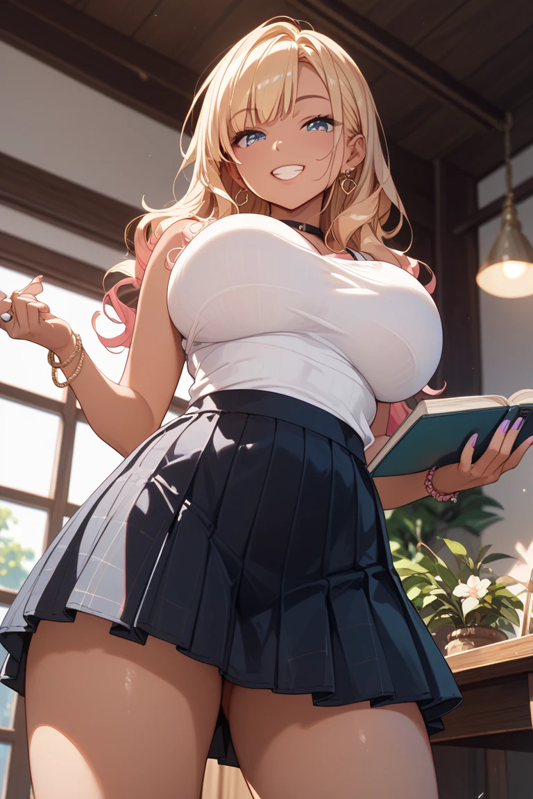 (best quality, ultra-detailed, photorealistic: 1.39), bright and vibrant colors, studio lighting, romantic expression, An effeminate girl, with a delicate and beautiful face. She is a girl who reflects seductive beauty, sparkling eyes, A beautiful adult woman beautiful and silky silver hair, with her large breasts seduces, long-sleeved plaid print blouse, pleated skirt with socks with supports, with her blue eyes that matches her soft smile, in a beautiful pose demonstrating her seduction in the book library, night with soft lighting, anime style, like a manwha character