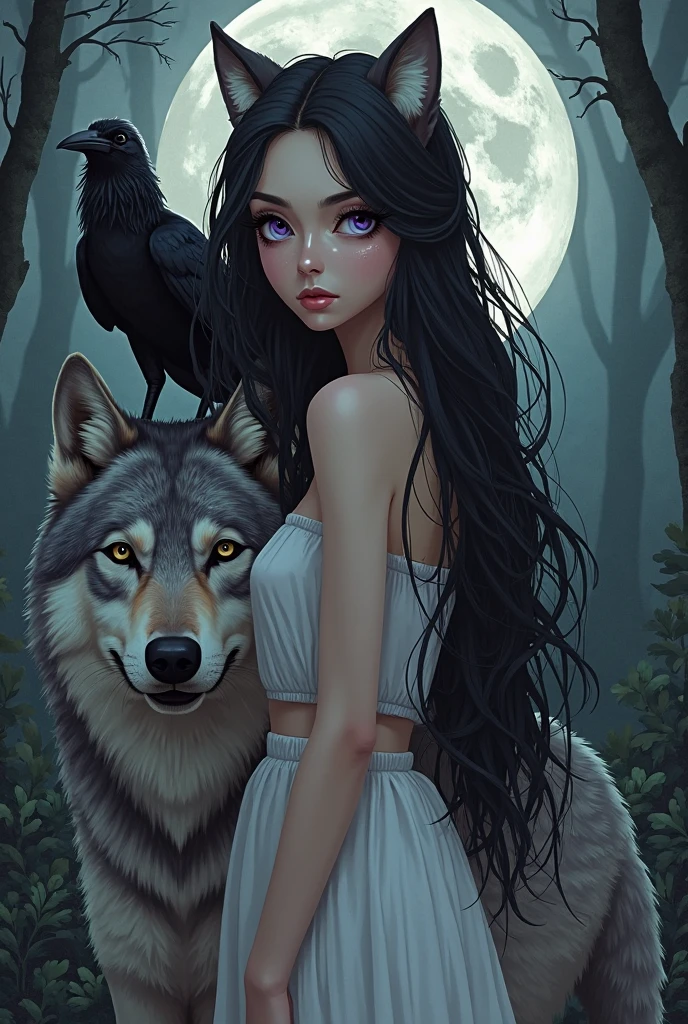 Hyperrealistic image of a witch blue eyes long black hair,full and wavy next to a giant wolf