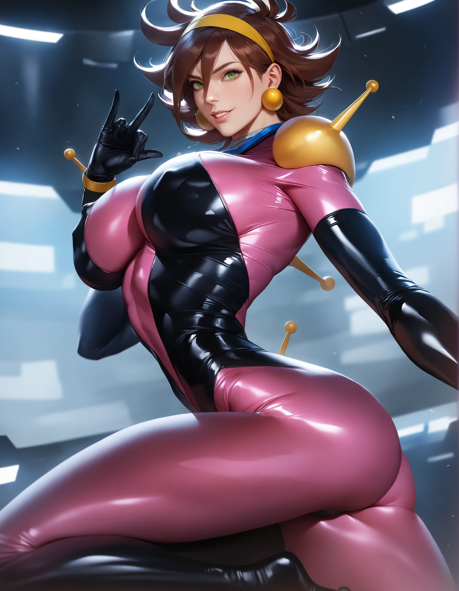 Rain Mikamura , Yellow Headband , perfect hand in h , perfect fingers , perfect anatomy , masterpiece , best quality , realistic , hyperrealistic , 16K HDR , 1 girl , big breasts , erect nipples , brown hair , medium hair , green eyes , mobile tracing suit , Shoulder Armor ,  Pink and Black Bodysuit  , sexy pose , upper body , cockpit , smile , standing_ 