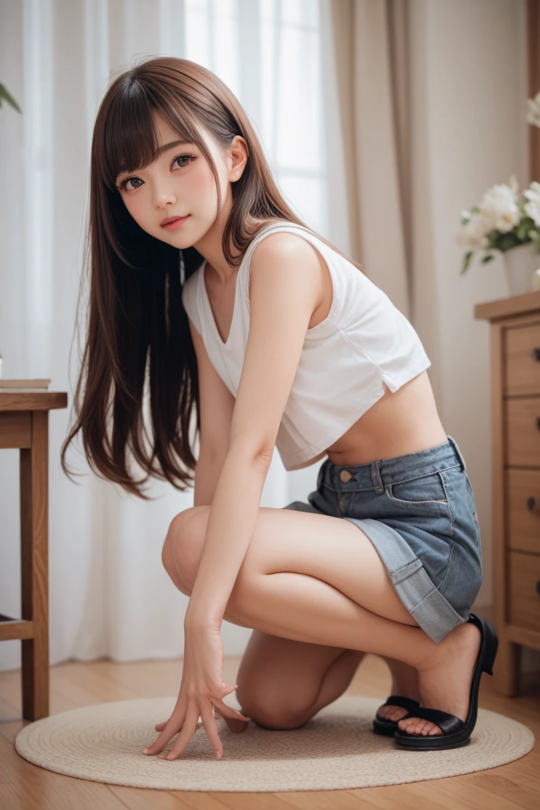 best quality, masterpiece, 1girl, solo, long hair, thighhighs, bare shoulders, jewelry, sleeveless, white dress, blue skirt, gloves, bed room, bed, wooden floor, sitting, sitting on bed, from below, hands on legs, smile, soft lighting, full body,