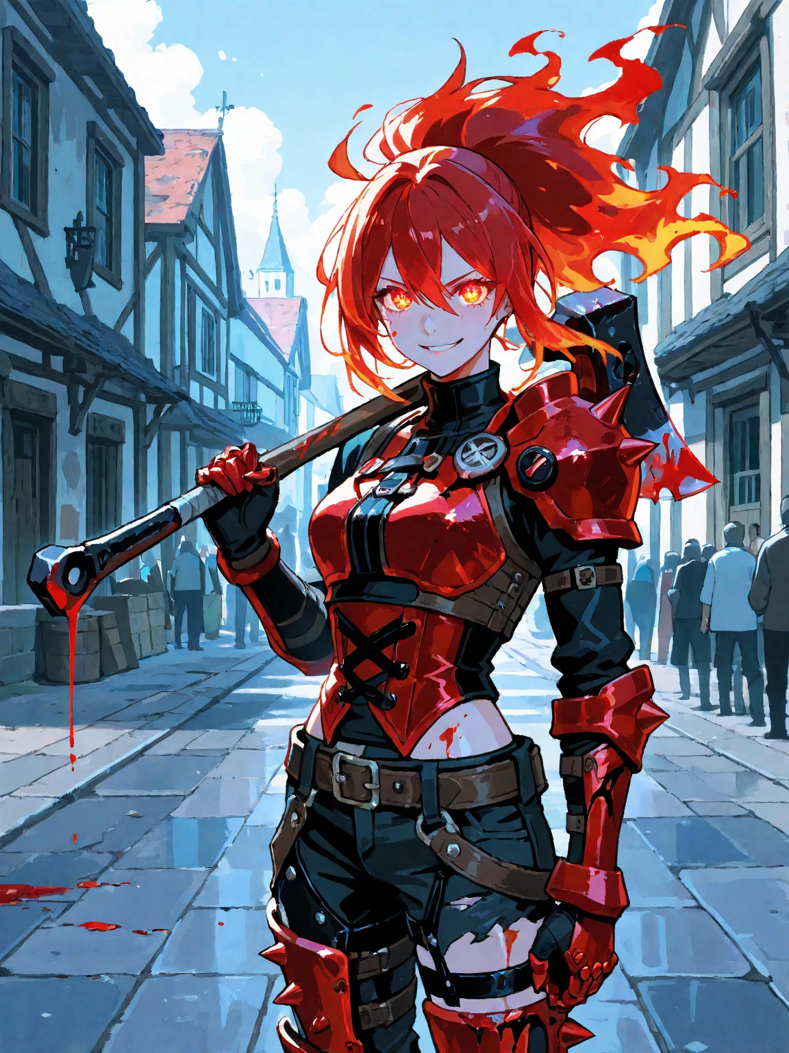 masterpiece, best quality, absurdres, 1girl, solo, OsanaNajimi, twintails, headgear, interface headset, (orange hair:1.2), standing, outdoors, khorne, armor, skull, chains, spikes, crazy smile, glowing eyes, holding weapon, holding sword, upper body, <lora:khorne:0.8>, <lora:OsanaNajimi:0.8>, <lora:muscle_slider_v1:1>,