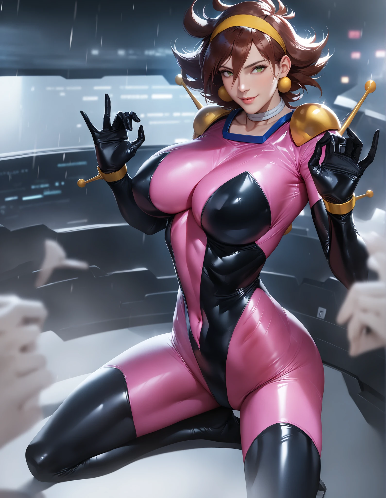 Rain Mikamura , Yellow Headband , perfect hand in h , perfect fingers , perfect anatomy , masterpiece , best quality , realistic , hyperrealistic , 16K HDR , 1 girl , big breasts , erect nipples , brown hair , medium hair , green eyes , mobile tracing suit , Shoulder Armor ,  Pink and Black Bodysuit  , sexy pose , upper body , cockpit , smile , standing_ 