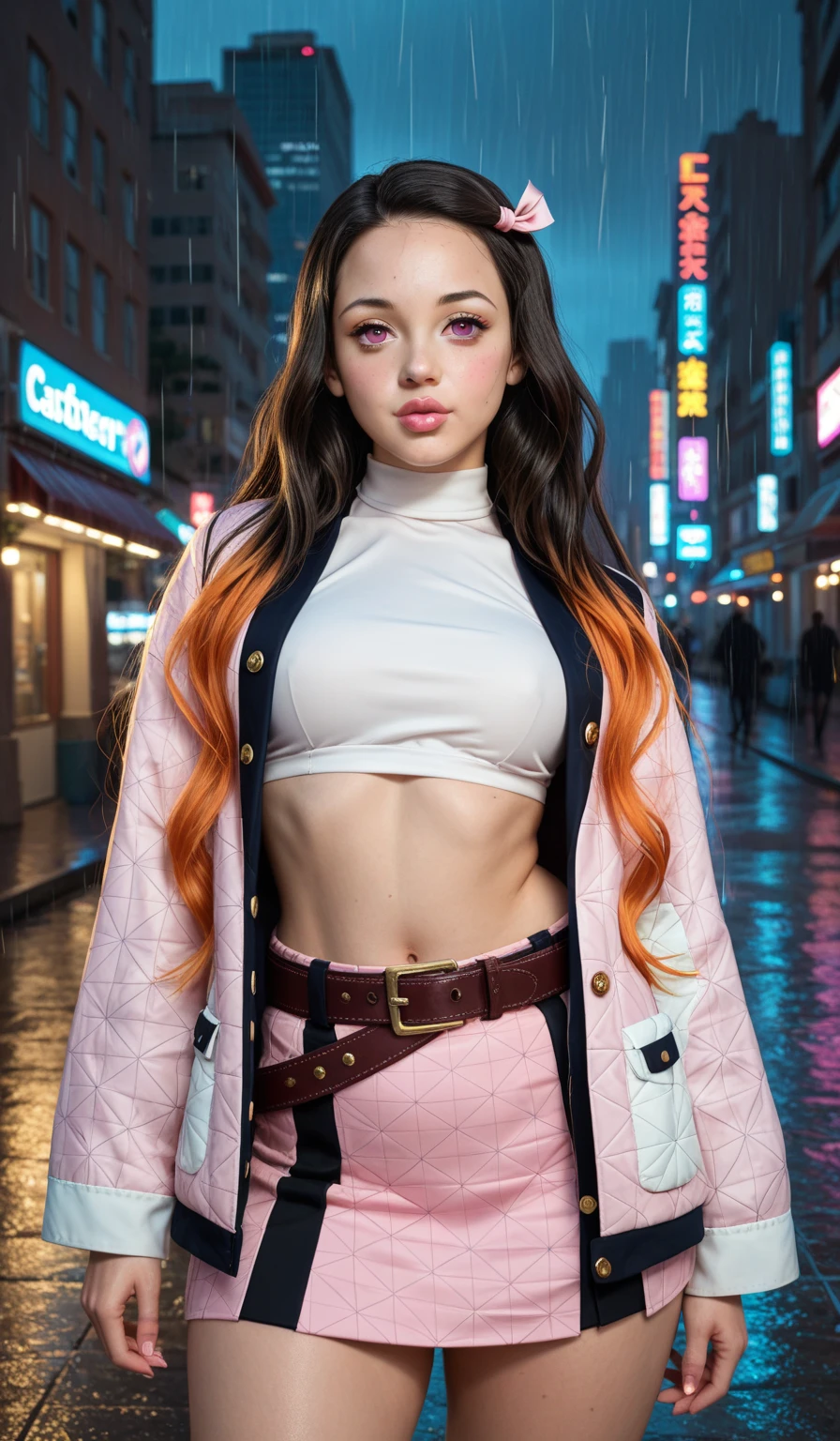 8k, best quality, realistic photos, realistic details, clear face, delicate facial features, real skin shine, a cute girl, shy, facing the camera, girl, hips, slim body, big breasts, 24 years old, charming, seductive eyes, pink animal print T-shirt and miniskirt, yellow rain jacket, raining background, wet hair and clothes 