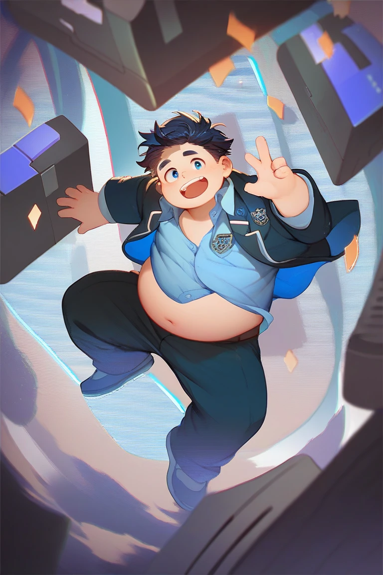 Full Body Blue, Body Noise-Sensing, Looks like a Computer Folder, Wearing School Uniform,  chubby , cute, Belly Large to Exposed Clothes
