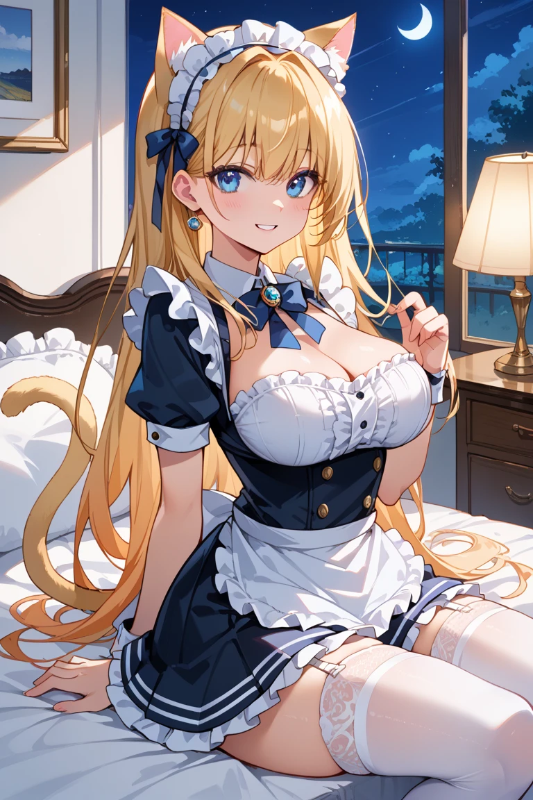 ((masterpiece, best quality, highest quality, ultra-detailed, 32K cg wallpaper, high resolution)),1 woman,golden hair,light blue eye,very long ponytail hair,center parted bangs,huge breasts,smile,parted lips,french maid,standing,from left in front,bed side,