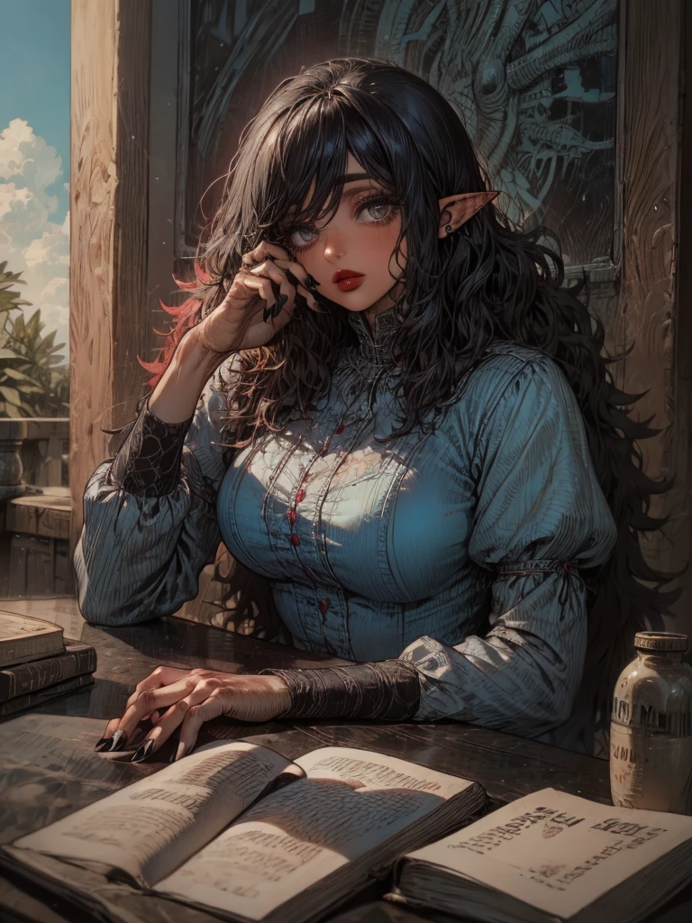 best quality,4k,8k,highres,masterpiece:1.2),ultra-detailed, extremely detailed eyes, extremely detailed body, (large masterpiece digital art), (detailed manga illustration), (detailed line art), ((perfect anatomy)), (intricate details:1.3), (ultra-detailed:1.3), (illustration:1.3), (sharp focus:1.3), (natural lighting:1.05), (vivid colors:1.3), (masterpiece), (best quality:1.4), (perfect anatomy:1.4), high quality, expressive eyes, full body, detailed face, beautiful face, perfect face, 1 girl, large breasts, very long hair, black hair, curly hair, wild hair, detailed hair, white dress shirt, black pants, pale skin, sapphire-blue eyes, demon, blue halo, sheep horns, curled horns, (horizontal pupils), sexy face, pointy ears, splash art, the demon girl, curvy, sitting in an office chair at a desk with feet on desk, black high heels, cinematic lighting, dramatic atmosphere, Atey Ghailan, Jeremy Mann, Greg Manchess, Antonio Moro, trend in ArtStation, trend in CGSociety, Intricate, High Detail, Sharp focus, dramatic and photorealistic painting art by Midjourney and Greg Rutkowski, Jeff Bridges, ((cartoon style)), Marvel Cinematic Universe style