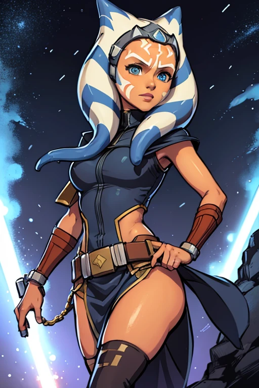 solo (strapless, navel, armlet, tribal skirt, tribal)
(bangs)
(makeup) showcasing her skills with a lightsaber swinging