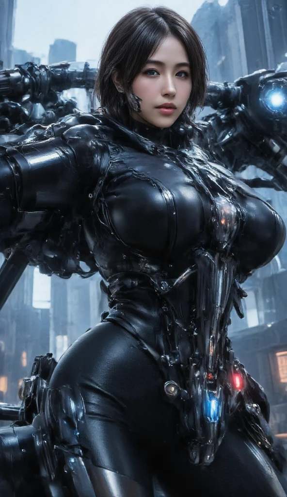 NSFW masterpiece,(best quality)Giant Cyberpunk Female Mechanical Titan,Marble prosthetic breast modified with giant mechanical structural modules,Mega Evolution Future Technology Titan,Apocalyptic cloudy sky and dilapidated underground city ruins at night,Jewel-encrusted mechanical breast prosthesis,Marble cracked skin shell,Heavy exoskeleton fantasy technology evolution mecha,Dark fantasy art rendering,Standing on the smoky ruins,Dark swamp atmospheric fog special effects,