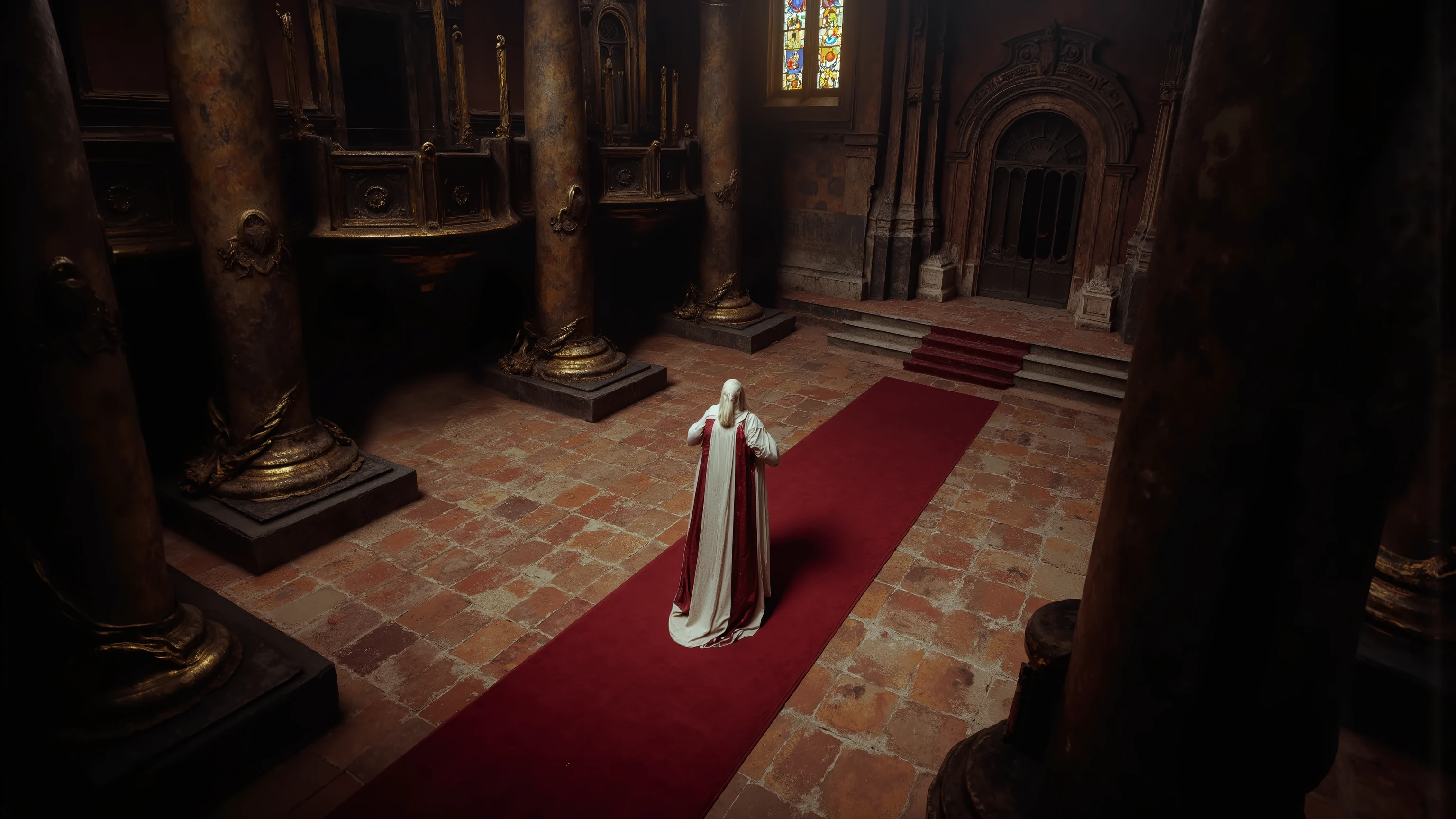 Bird&#39;s-eye view，Pillar. High angle view of an empty cathedral. The central red carpet,leads to a set of steps. tall, with ornate columns forming a scene, Soft ambient light passing through stained glass windows. Soft lighting creates a calm and solemn atmosphere.The building has metal pipes and a gold circuit texture，Central Figure, with long white hair，A woman wearing a white robe，The inside of the robe is red，There are metal pipes and gold circuit textures on the body, is attention-grabbing, , create a charming atmosphere ，Light shines from above, The overall atmosphere feels quiet and otherworldly. to cast soft shadows on the floor, x} standing in the middle of the brick floor，同时聚焦Central Figure. similar to glowing dust or magical dust. Imposing architecture. ,illuminated by natural sunlight, Casting soft shadows，evoking people's sense of grandeur and celebration.emphasizes the amazing contrast between shadow and light， Standing in a formal position, creates an imposing ceremonial atmosphere. The lighting is very fascinating , 还有强调Central Figure. The scene conveys a sense of grandeur and authority，A mysterious ceremony led the team to the ornate entrance. illuminated by natural sunlight, Casting soft shadows，evoking people's sense of grandeur and celebration.emphasizes the amazing contrast between shadow and light，creates a sense of depth and perspective, Dark Tones，Film composition ，Wide-angle composition，Movie lighting ，scene surrealism，Dimensionally Transforming Architectural Design，building made entirely of geometric shapes，Sacred, Grid light and shadow，creates a sense of depth and perspective, Dark Tones，Film composition ，Wide-angle composition，Movie lighting ，Art by Piotr Jabłoński，drk4rt，Billie Eilish