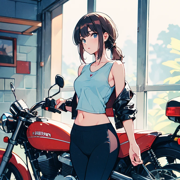 (Highest quality:1.5, High resolution, uhd, 4K, Detailed lighting, Shaders), NSFW Misaka Mikoto,short hair Brown Hair Brown eyes Cool face ((Black bike shorts))++ Sports bra with a small area Realistic sun rays Beautiful park