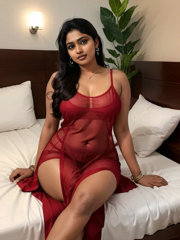 Indian curvy hijab girl wearing red night dress kneels and bend in bed