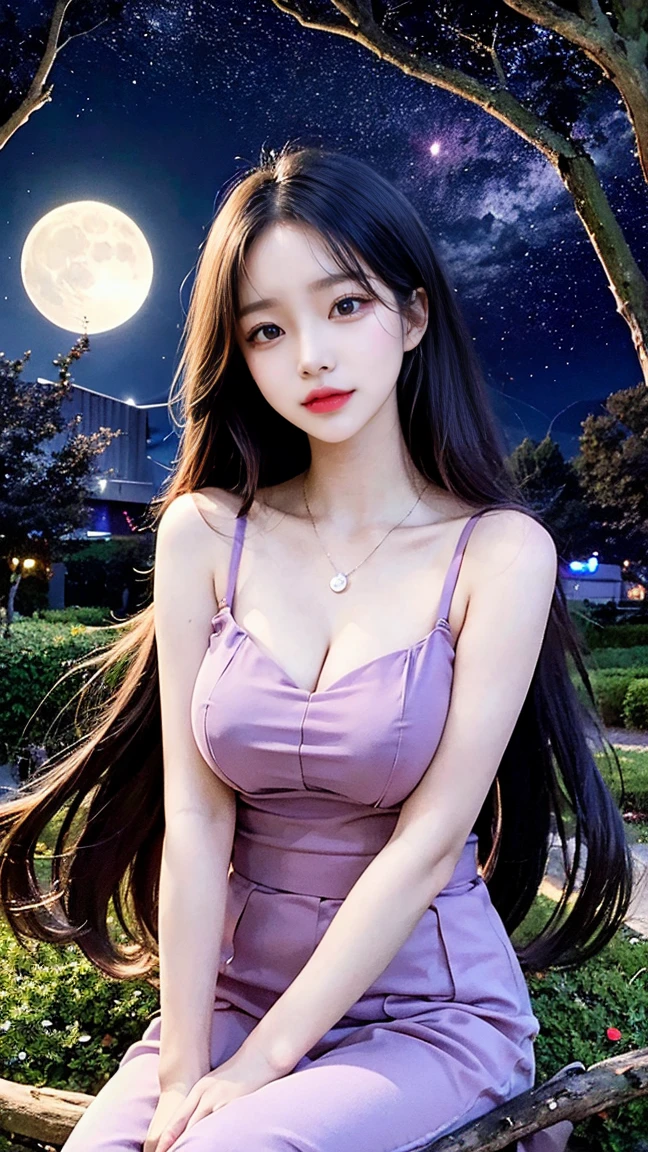 (masterpiece:1.3), high resolution, very detailed, Milky Way Galaxy background, outdoor space background, realistic, photo-realistic, raw photo, Beautiful detailed face, detailed cloth texture, Detailed hair texture, accurate, anatomically correct, very detailed 얼굴과 피부 질감, 1 woman, alone, beautiful skin, real human skin, whole body, beautiful and firm breasts, beautiful cleavage, mature body, 20 year old girl, Beautiful girl, (french braid:1.3), brown hair, wearing layers, break, (High-neck off-shoulder sleeveless purple mini dress:1.3), break, colorful accessories, standing posture, spread both arms to the sides, a captivating bright smile, goddess pose, NSFW