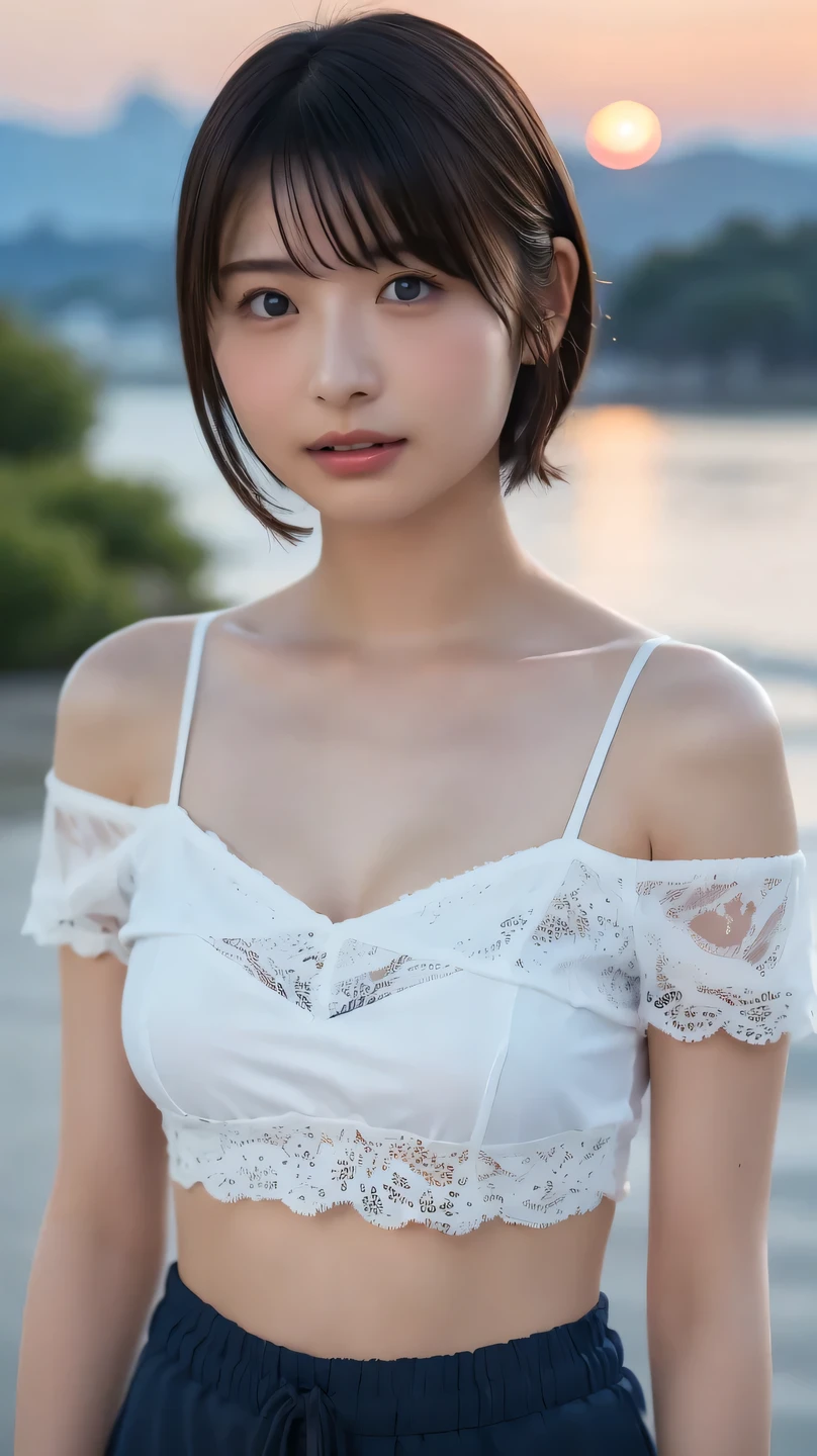 best quality, masterpiece, ultra high resolution, (realistic:1.3), RAW Photo, ( natural landscape photography ), (majestic mountain々The top of, sea of clouds), (とても大きな山The top of), (sunset), (one girl), (upper body), (20 years old), (smile:0.9), (shiny skin), (short hair, dark brown hair), (loose white see-through t-shirt), ( tight casual super shorts ),(Off the Shoulder)、 (super detailed face), (nipple erection:1.2), (highly detailed eyes), (very detailed nose), (very elaborate mouth), (very skilled hands), (Super detailed body), Sony a7, 85mm Lens , f9.0, Pan Focus
、high quality lace panties are available、(Please face the camera with your body facing forward。、face to face:1.3)、
