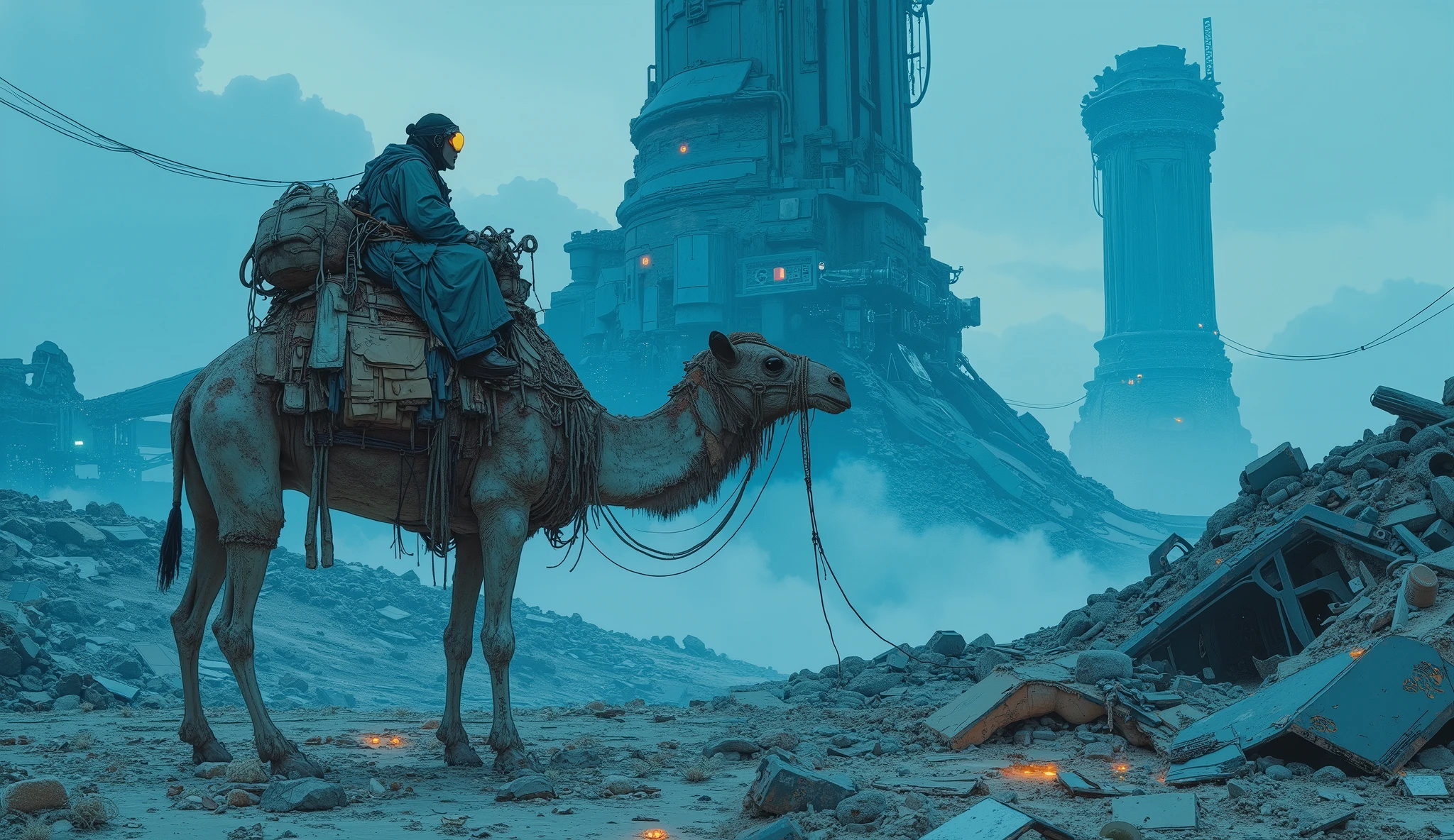 wide angle view, cyberpunk dystopian world, dominant blue color tone, fog-covered wasteland filled with rubble and broken structures, (gigantic cyberpunk pillars towering into the sky), eerie atmosphere, scattered debris glowing faintly with neon light, worn and rugged terrain, camel-inspired creature with organic features, rough skin, strong legs adapted for long travel, carrying bundles of supplies, gear, and cloth-wrapped cargo, cyberpunk-style merchant riding the creature, wearing layered travel robes, simple visor or goggles, glowing accents on accessories, sense of solitary journey and survival, contrast of ancient travel motif with futuristic urban ruin, cinematic blue lighting, inspiration from Ghost in the Shell and Dune, detailed textures and moody environment