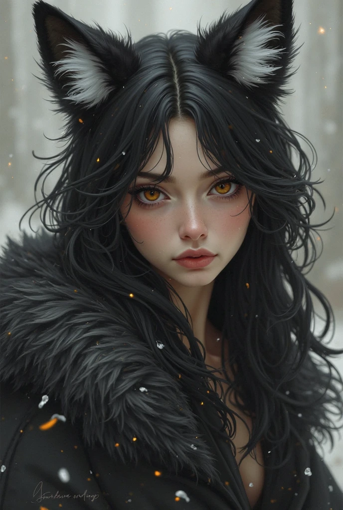 18 year old female wolf with black hair and white tips and blue eyes .naked medium tits nice thigh big ass has a big cock in her pussy and two more in each of her hands and other men cum on her