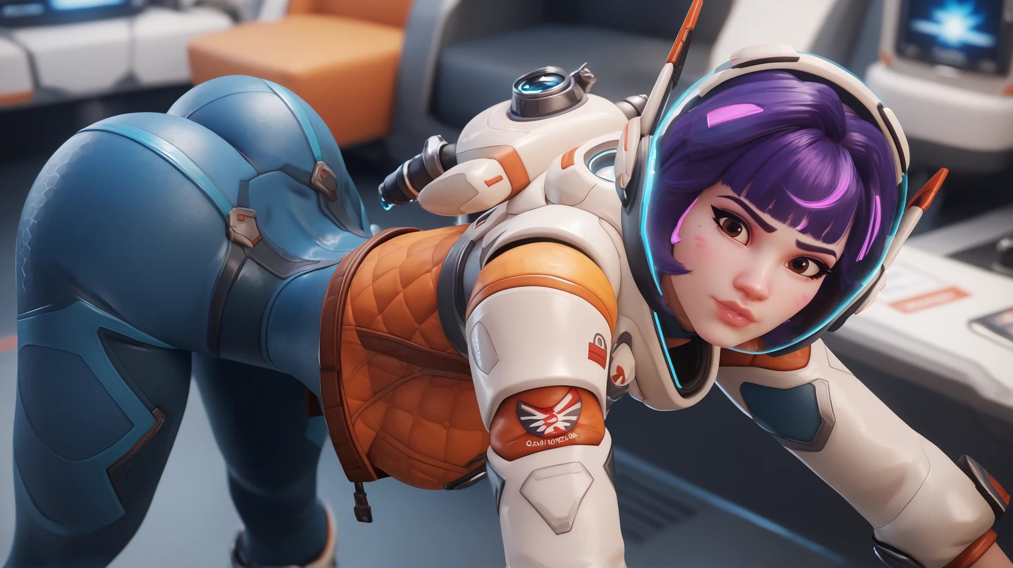 (pov: Behind), 1girl, Juno (overwatch 2), short hair, brown eyes, curvy waist, skinny, butt, small, bent over, big butt, exposed , Embarrassed, ass, jn0, space suit, purple hair, stretching, big ass in the camera pov