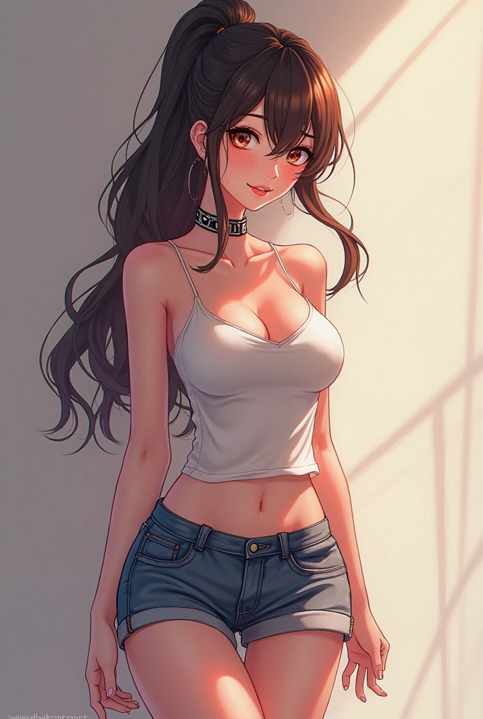 (best quality, masterpiece:1.2), Sketch full view of a hot looking fair skin 29 year old woman standing in front of us. She has brown eyes and wavy long black hair. She has big breasts, playful smile. She has a nice curvy physique. She is wearing a crop top and lowrider shorts. Underboob showing. A bar background. Shading. Lighting. Dynamic pose.