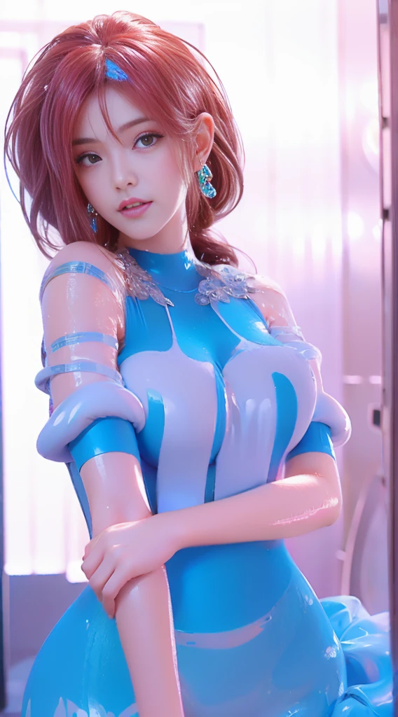 (8K, top-quality, masterpiece:1.2), (reallistic, Photorealsitic:1.37), Super Detail, One girl,), (Highly detailed), (beautifully detailed eyes), (of the highest quality), (super detailed ), (masterpiece), (Detailed face),20yr old, ,1 girl, ((pink hair,long hair)), medium breasts, Perfect Lighting, BREAK, (blue superheroine:1.5), (shiny blue bodysuit:1.5), (heart-shaped chest cutout:1.4), (long sleeves:1.3), (blue gloves:1.2), (blue knee-high boots:1.4), (blue belt:1.2), (heart accessories:1.3), (dramatic makeup:1.3), (very tight-fitting bodysuit:1.5), (glossy stretchy fabric:1.3), BRAKE, (blue superheroine:1.5), (long pink hair flowing over one shoulder:1.4), (smiling with a hint of a wink:1.3), (chest cutout in heart shape:1.4), (glossy blue bodysuit:1.5), (flirty expression:1.3), (seductive pose:1.4), (mysterious gaze:1.2), (blue gradient background with subtle shine:1.3), (dramatic lighting emphasizing chest and hair:1.5), BRAKE (sweat:1.5), (steam:1.2), (masturbation:1.2), (girl trembling with sexual climax:1.1), (looking at viewer:1.3),