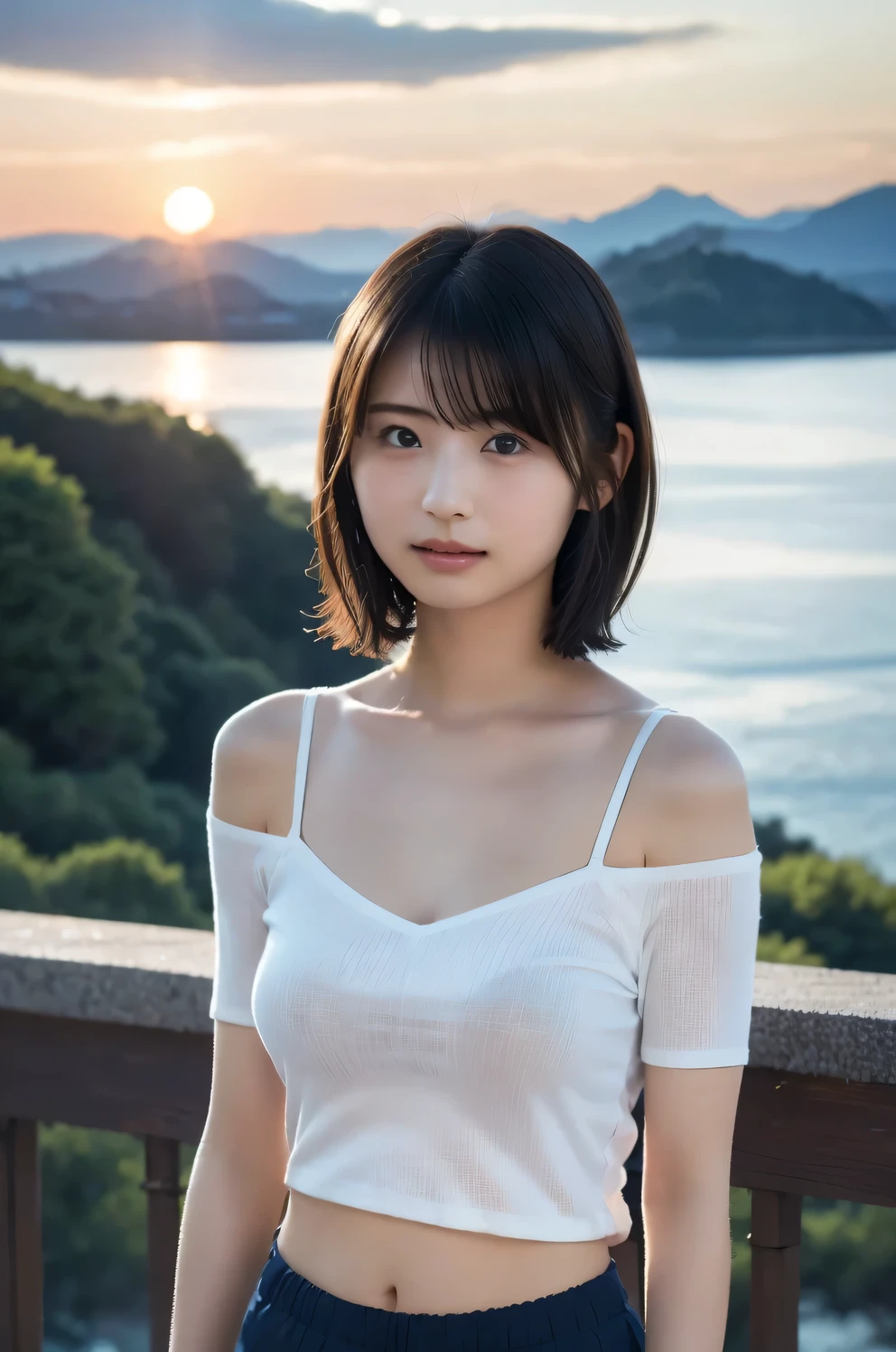 best quality, masterpiece, ultra high resolution, (realistic:1.3), RAW Photo, ( natural landscape photography ), (majestic mountain々The top of, sea of clouds), (とても大きな山The top of), (sunset), (one girl), (upper body), (20 years old), (smile:0.9), (shiny skin), (short hair, dark brown hair), (loose white see-through t-shirt), ( tight casual super shorts ),(Off the Shoulder)、 (super detailed face), (nipple erection:1.2), (highly detailed eyes), (very detailed nose), (very elaborate mouth), (very skilled hands), (Super detailed body), Sony a7, 85mm Lens , f9.0, Pan Focus
、high quality lace panties are available、(Please face the camera with your body facing forward。、face to face:1.3)、