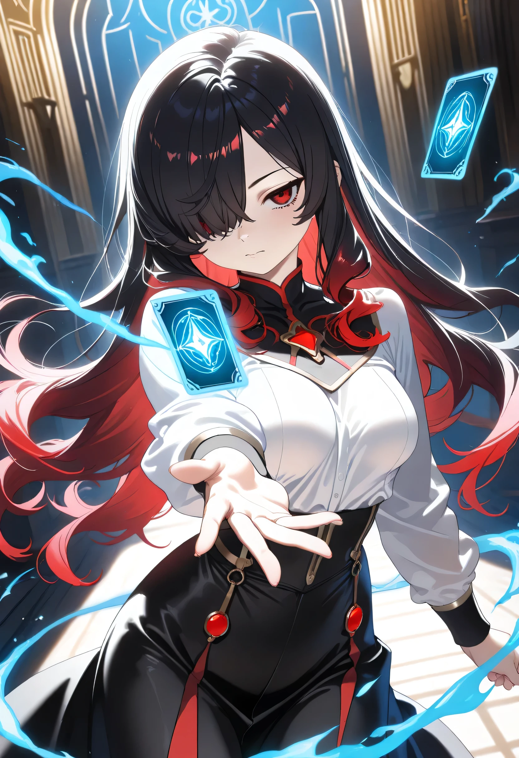 1girl, Kuroki Monika, red eyes, gradient hair, black hair, red hair, long hair, asymmetrical hairline, hair over right eye, medium breasts, black skirt, white shirt,black wizard sacarf,magic card,blue magic effect,fancy golden palace
cinematic angle, detailed shadows, detailed body, (masterpiece, best quality), amazing quality, very aesthetic, absurdres, highres, newest, HDR, 8K, cinematic lighting, vibrant colors, (ciloranko:0.5), (rei \(sanbonzakura\):0.7),