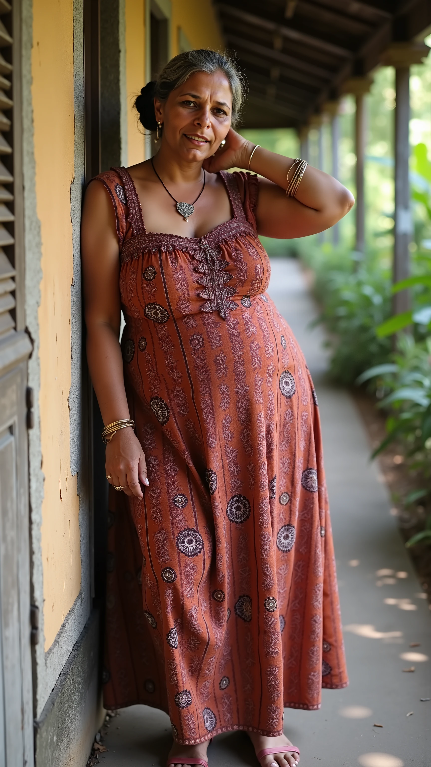 (hyperrealistic photo), exotic indonesian woman, plump, natural big breasts, knee-lenght batik houseress with intricate javanese details, looking at the viewer, natural light, wide angle full-body shot, indonesian village house in the background,