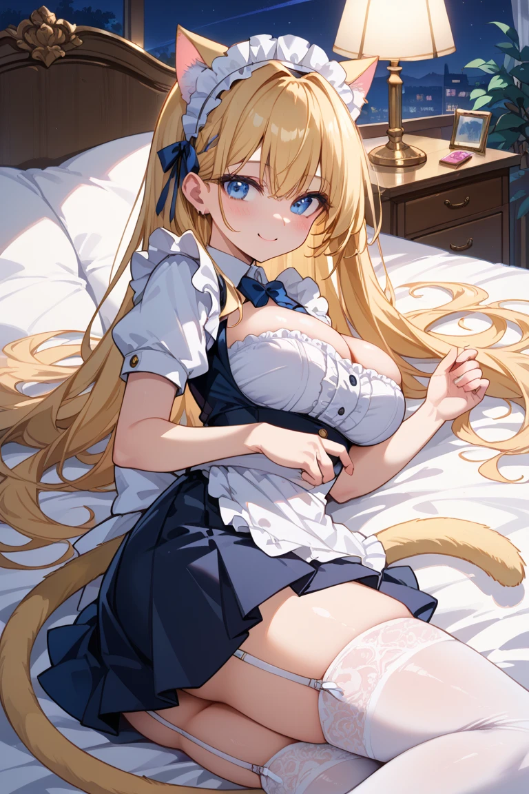 masterpiece,best quality,bed room,(very cute girl:1.4),blush,:o,Glowing and sweaty skin,(large breasts:1.3),maid headdress,maid costume,(twintails,long blonde hair:1.2) BREAK hair bow,drooping blue eyes, fuw,