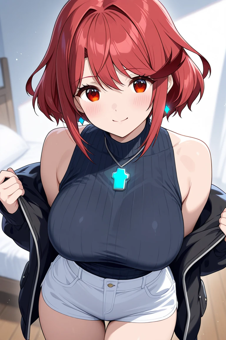 ((extreme detail)),(ultra-detailed), extremely detailed CG unity 8k wallpaper, best quality, homura, red hair, lustful eyes, parted lips, off shoulder, (light red sweater:1.3), skintight, fireplace,
