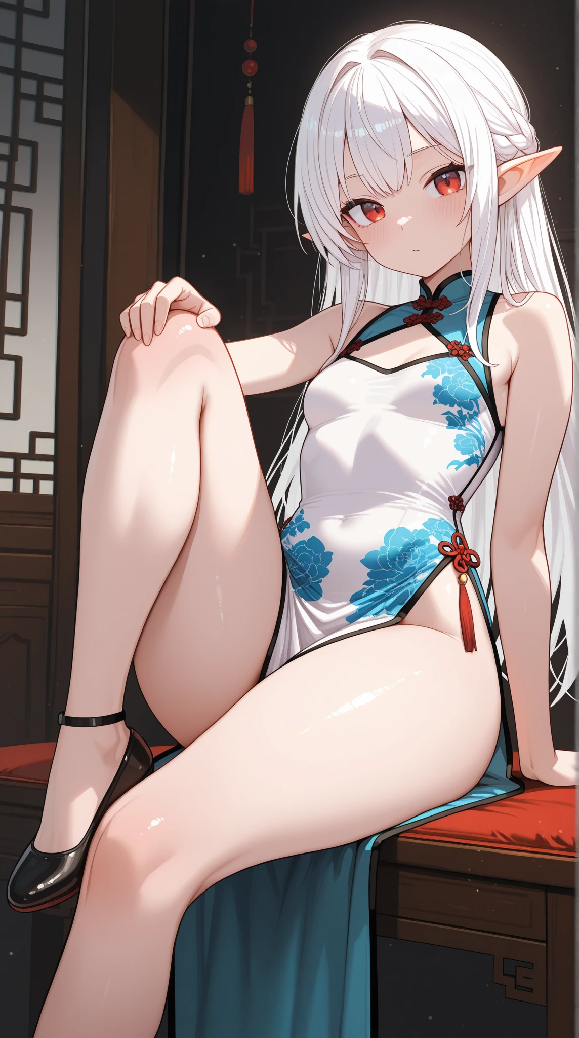 two girls, sexually suggestive, sitting, full color, Long white hair, Red eyes ,Eyeliner, Red, open air, Rose, night, ruins, Butterfly,mine same as the original, mine, , (:1.2) rest, (cheongsam), (view from below), (place one's arms behind one's back), (wild lift), thin, Crotch, best quality, high resolution, unified 8k wallpaper, (illustration:0.8), (beautiful and delicate eyes:1.6), extremely detailed face, perfect lighting, Very detailed cg, (perfect hands, perfect anatomy), soles of feet,sitting,blond,red lips,Acting cute,Feet close up,Soon,Complete feet,white,close up, ((Nude)), ((naked)) ((beautiful feet, toes)), ((fully naked, no clothes)), hot girl, ((back side)).
