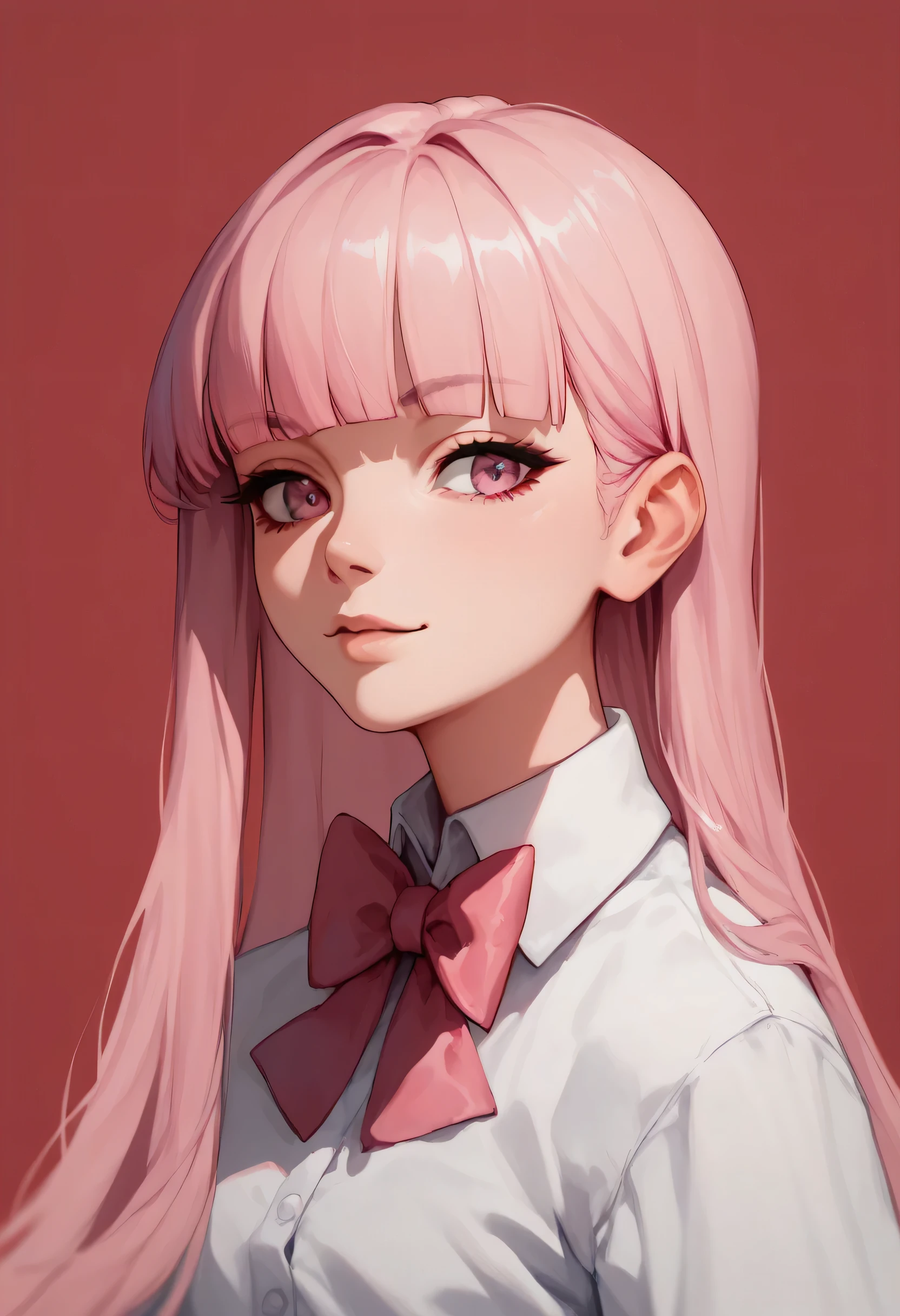 red background, pink hair, long hair, pink eyes, 1girl, solo, simple background, bow, blunt bangs, bangs, looking at viewer, bowtie, very long hair, upper body, shirt