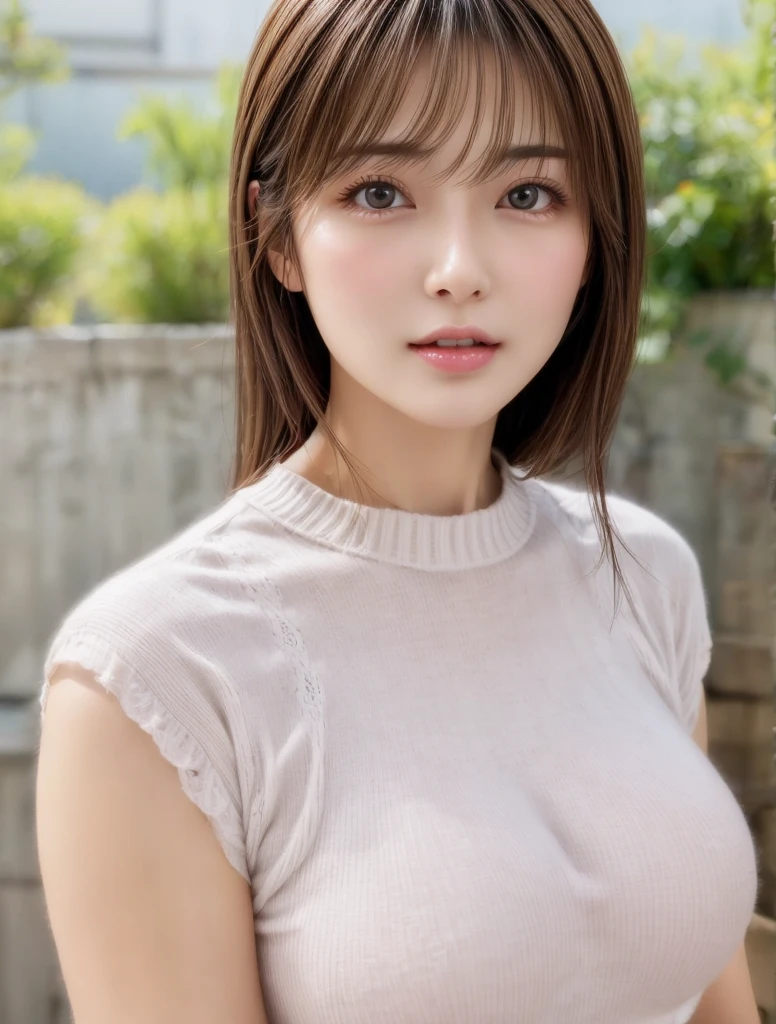 Asian, Beautiful, slender, Cute, 30s, Beautiful face, Beautiful skin, actress, Mature, Upper body, light brown hair, Fine hair, Live action, masutepiece, Best Quality, Very elaborate CG Unity 8K wallpaper, Ultra high definition, Casual Fashion, Lighting, Summer Fashion, (Natural brown hair: 0.8), (Puffy eyes), looking at audience, Turn around, Bleach Hair, model poses, White background, Delicate skin type, Fine curly hair, Hands around the mouth, white T-shi, Hair model photography