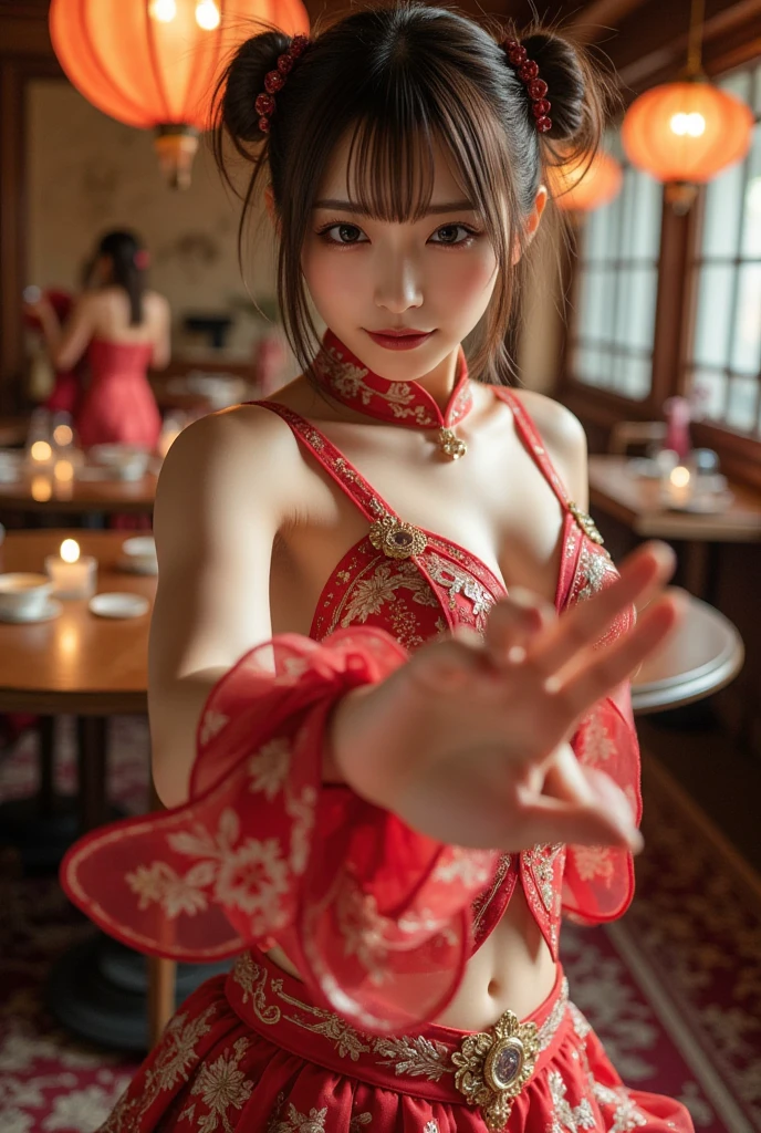 <lora:xiaodan:0.85>, Chinese theme, raw color photo, long shot, realistic, 1girl, a 21-years-old girl, in Chinese restaurant, hanfu, best quality, detailed eyes, beautiful and symmetrical face, slim body, detailed hip, small breast, innocent expression, photorealistic, lighting, nighttime, dynamic_color_range