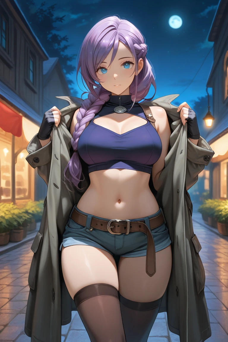 master-piece, hyper quality, hyper detailed, perfect drawing, CG, 3D, 8k, illustration, solo, beauty, purple-haired ponytail, ((only one horn grows from the middle of the forehead))), height 190 cm, bountiful breasts, L cup bust 108 cm, purple pantsuit at the top and bottom, The upper body is naked and only a jacket is worn, skinny pants (low-rise pants), holding an ultra super big sword in the hand, cute smile, round big buttocks, isekai fantasy, townscape similar to medieval Europe, cobblestone, castle on a distant mountain, beautiful background, natural light, high resolution, shooting from the front obliquely below, professional camera,