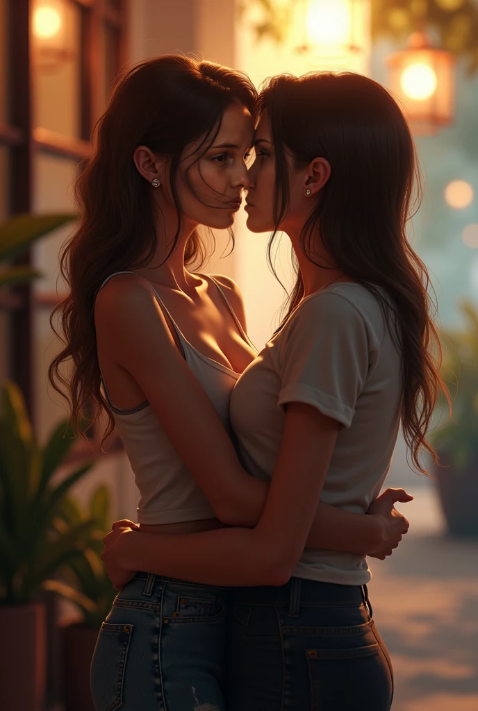 two women standing next to each other near a wall, alena aenami and lilia alvarado, lesbian embrace, lesbian kiss, two beautiful women in love, two girls, lesbian, lesbian art, lesbians, modeling for dulce and gabanna, two models in the frame, woman holding another woman, kissing together cutely, they are close to each other