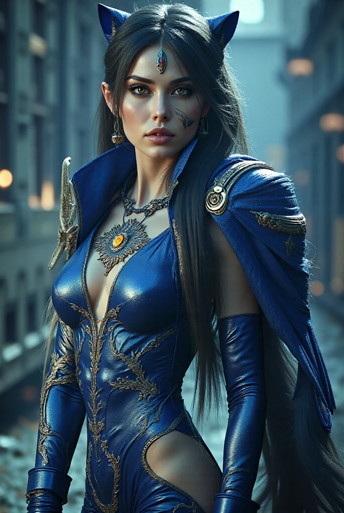 enjinight as Raven, solo cowboy shot, pale skin, black leotard, sexy hip and thighs, very large hips, dark blue cape, gold belt, jewels, medallion, athletic, looking at viewer, soft blue mist, fog, volumetric lighting, best quality, masterpiece, intricate details, sharp focus, hyper detailed