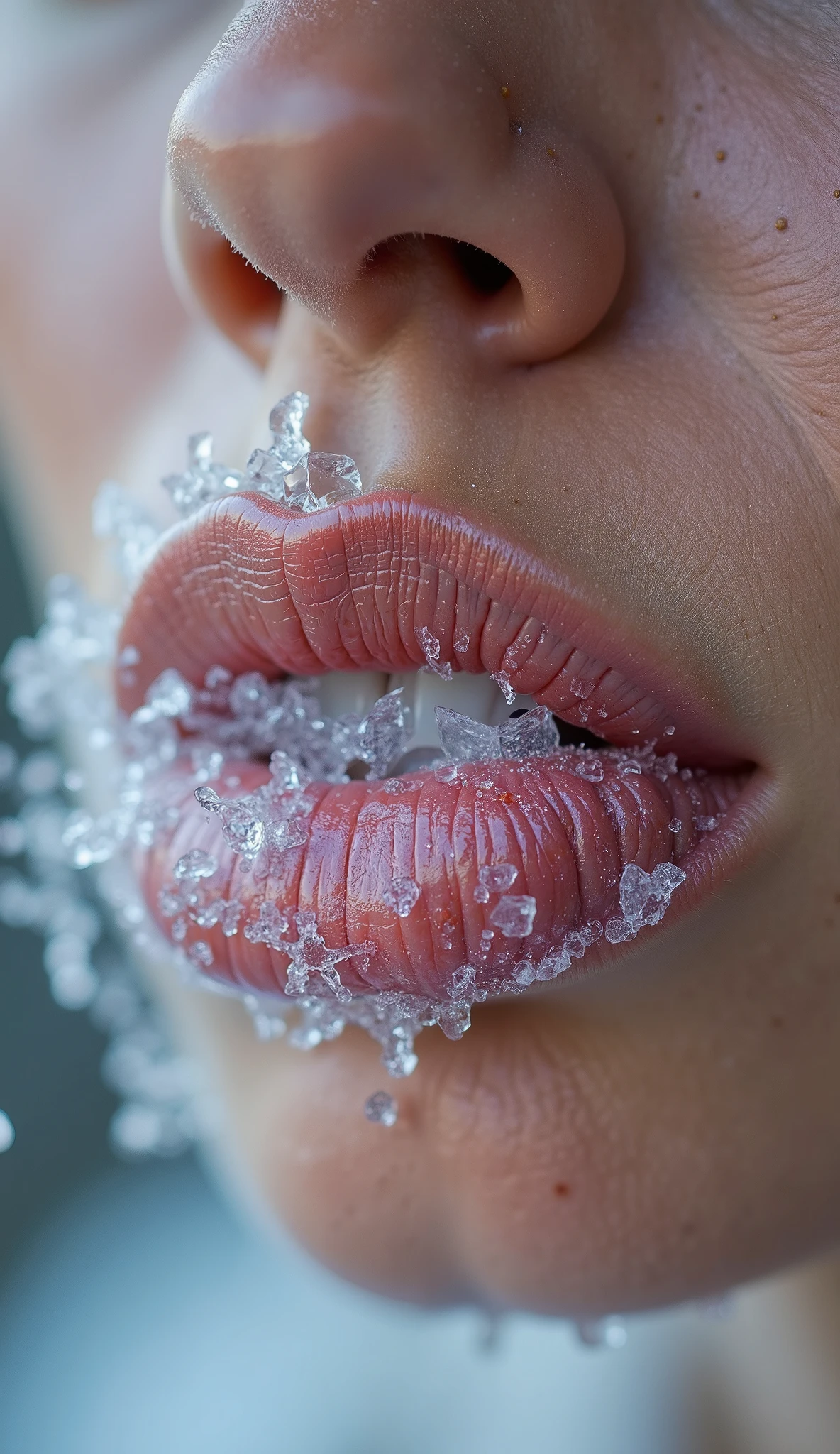 (beautiful shouting nude Irish woman), (eyes open), (terrified expression), (((frightened expression))), (((startled expression))), (((crying))), (((encased in a block of ice)))