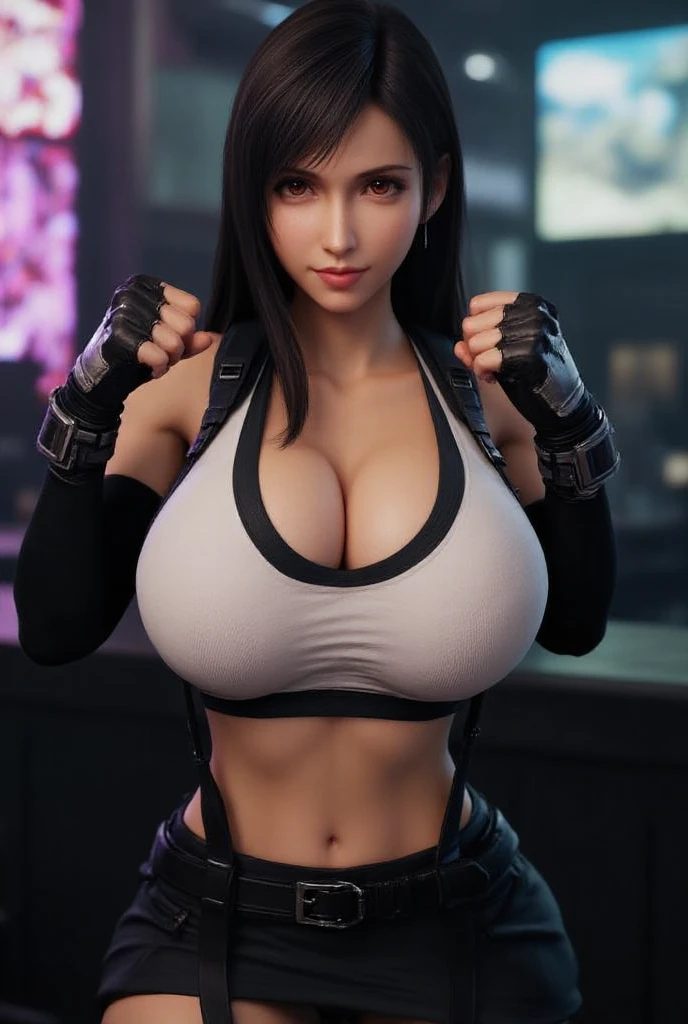 (8k、highest quality、A masterpie:1.2)、(Realistic、photorealistic:1.3 man 7)、Super Detailed、Girl 1 Mature Mature Woman Mature Woman Person、cutest、solo、、、、、(tifa lockheart)、(big chest)、(((Huge boobs)))、(((Shift clothes to show bra)))、(((a black bra)))、(beautiful eye)、(smile face:1.2)、(Closed)、erotic pose、dance、neons、street scenery、and depth of field、Dark and strong shadows、Sharp focus、auto、motion blur、bike、and depth of field、composition、Glowing green light、Final Fantasy VII、tool、(nose blush)、Single Elbow Pad、Ankle Boots、dark black hair、black thigh、red boots、Elbow Gloves、Elbow pads、Fingerless Gloves、Taut Shirt、sports bra、(suspenders,,,,)Black Skirt)、thights、white tank top、All over body、head rest、s lips、Facial、Low Tai Long Hair、(red_Ojo))、Yellow flowers、(night:1.3)、Complex、Bokeh、Cinematic Lighting、Photon mapping、Radiosity、physically based rendering、(Tetsuya Nomura Style)、NSFW、Perfect Breast