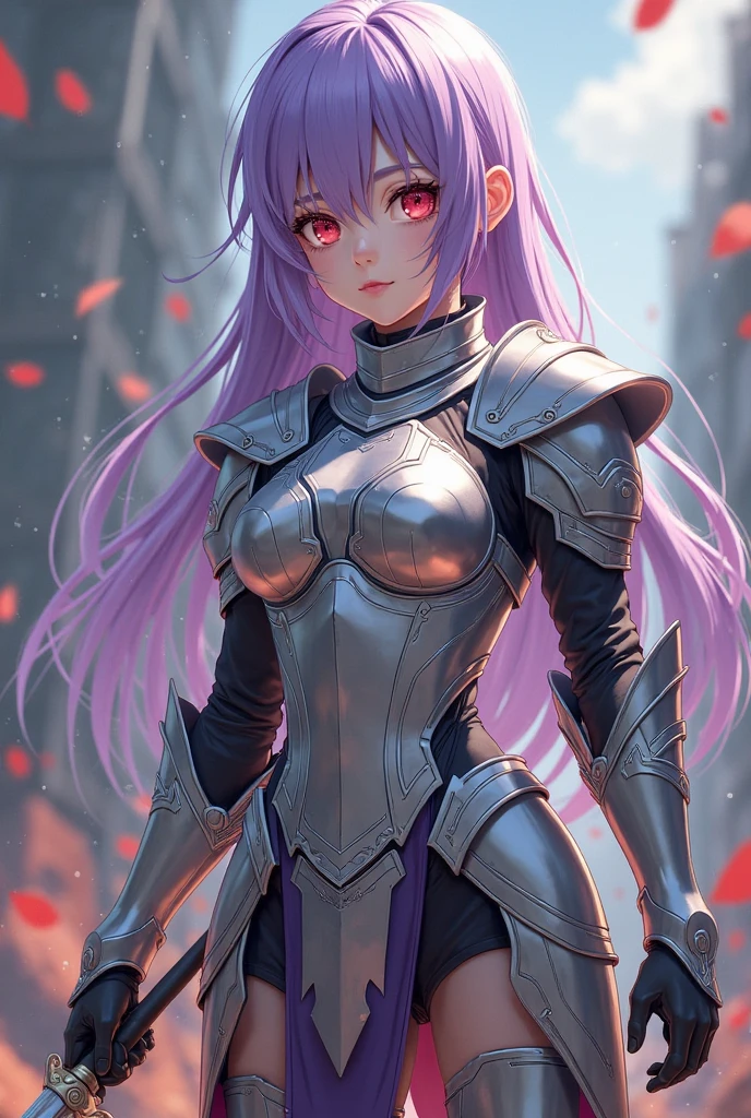(a girl in armor and a helmet, standing alone, with blurry background, looking at the viewer, with visible breasts, purple eyes, and blue eyes)
(best quality, ultra-detailed), realistic, portrait, medieval, warrior, female, strong, confident, fierce, powerful, determined, dark, mysterious, fantasy, battle-ready, armor-plated, exquisite craftsmanship, shiny, metallic, protective, reflective surface, engraved details, helmet with visor, face obscured, hint of femininity, delicate yet strong features, glowing purple eyes piercing through the darkness, contrasting with the blue eyes, captivating gaze, intense and alluring, captivating the viewer's attention, dynamic pose, poised for action, strong and steady stance, holding a weapon, ready to defend, hint of motion blur in the background, adding a sense of movement and energy, purple hues dominating the color palette, reflecting the character's enigmatic and magical aura, dramatic lighting, casting shadows and highlights, creating depth and dimension, enhancing the sense of mystery and intrigue)